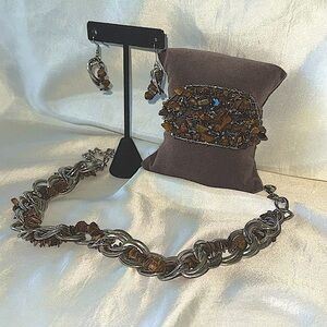 Natural Stone and Silver Links Necklace Bracelet & Earring Set